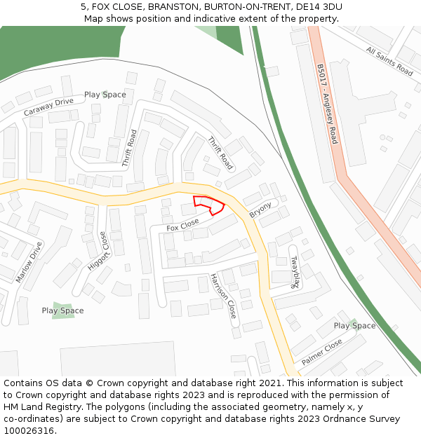 5, FOX CLOSE, BRANSTON, BURTON-ON-TRENT, DE14 3DU: Location map and indicative extent of plot