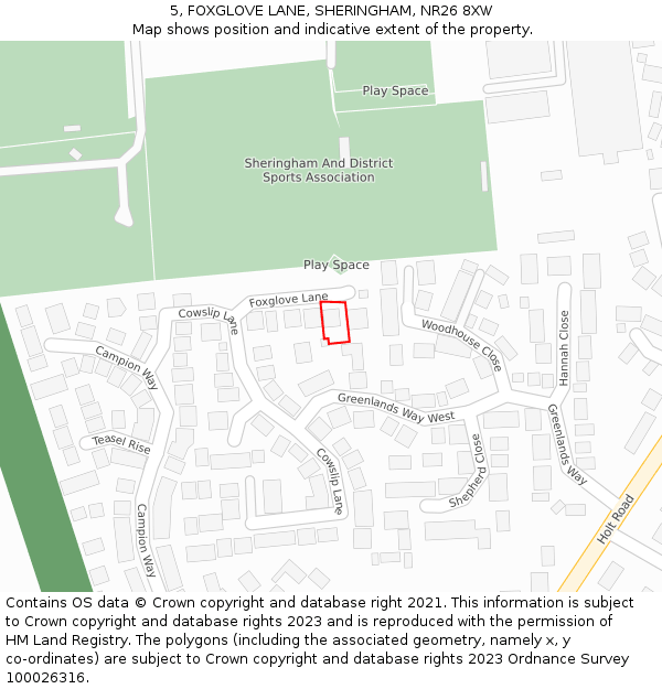 5, FOXGLOVE LANE, SHERINGHAM, NR26 8XW: Location map and indicative extent of plot