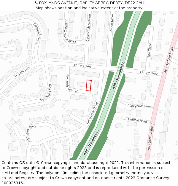 5, FOXLANDS AVENUE, DARLEY ABBEY, DERBY, DE22 2AH: Location map and indicative extent of plot