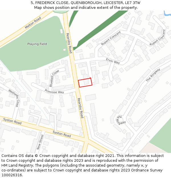 5, FREDERICK CLOSE, QUENIBOROUGH, LEICESTER, LE7 3TW: Location map and indicative extent of plot