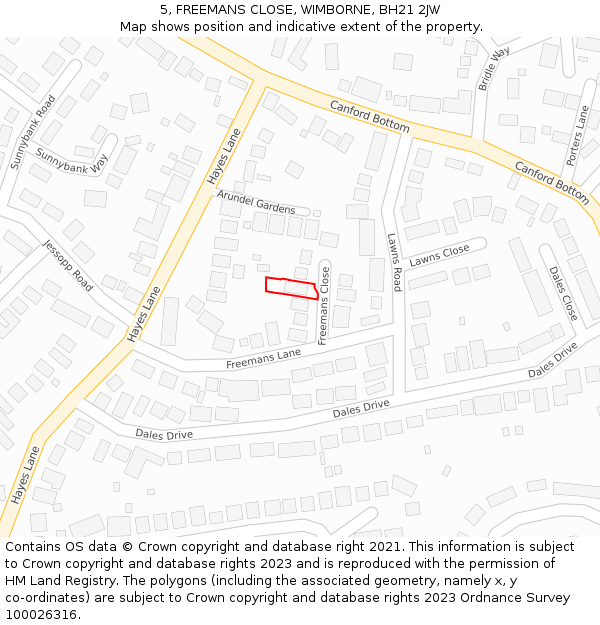 5, FREEMANS CLOSE, WIMBORNE, BH21 2JW: Location map and indicative extent of plot