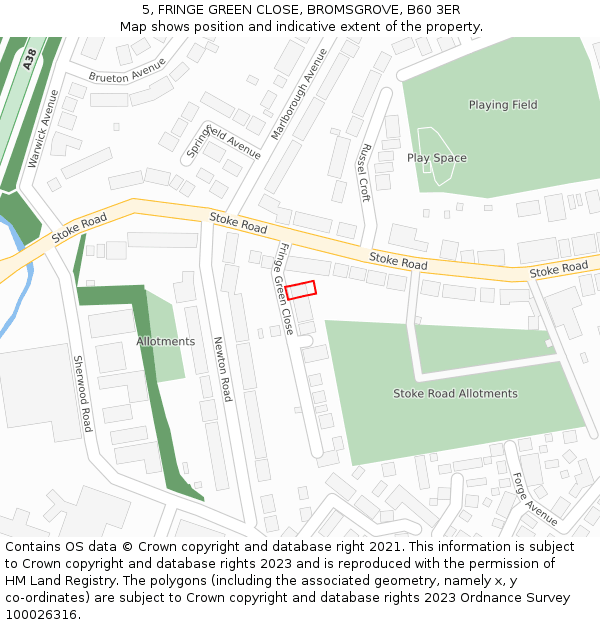 5, FRINGE GREEN CLOSE, BROMSGROVE, B60 3ER: Location map and indicative extent of plot