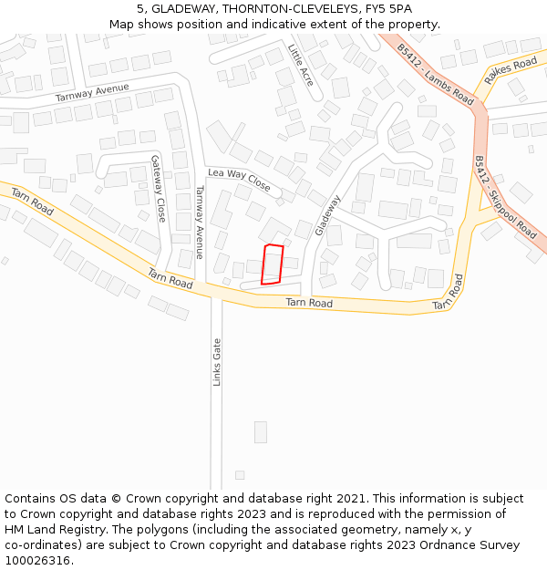 5, GLADEWAY, THORNTON-CLEVELEYS, FY5 5PA: Location map and indicative extent of plot