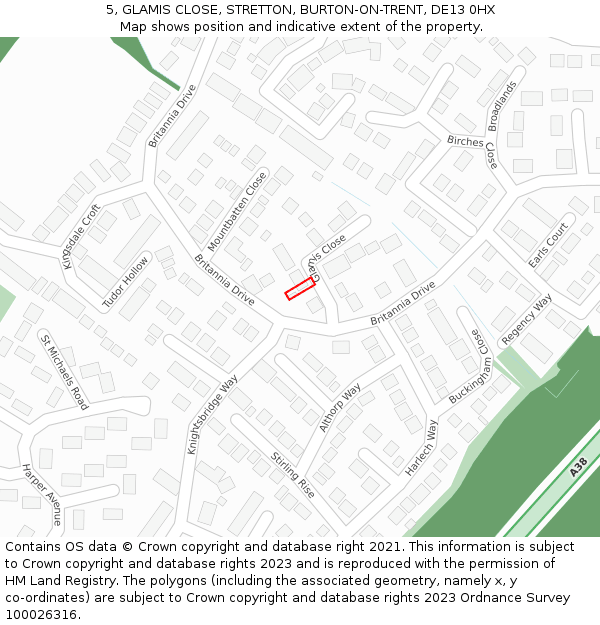 5, GLAMIS CLOSE, STRETTON, BURTON-ON-TRENT, DE13 0HX: Location map and indicative extent of plot