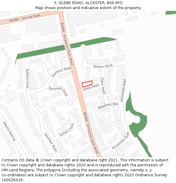 5, GLEBE ROAD, ALCESTER, B49 6FD: Location map and indicative extent of plot