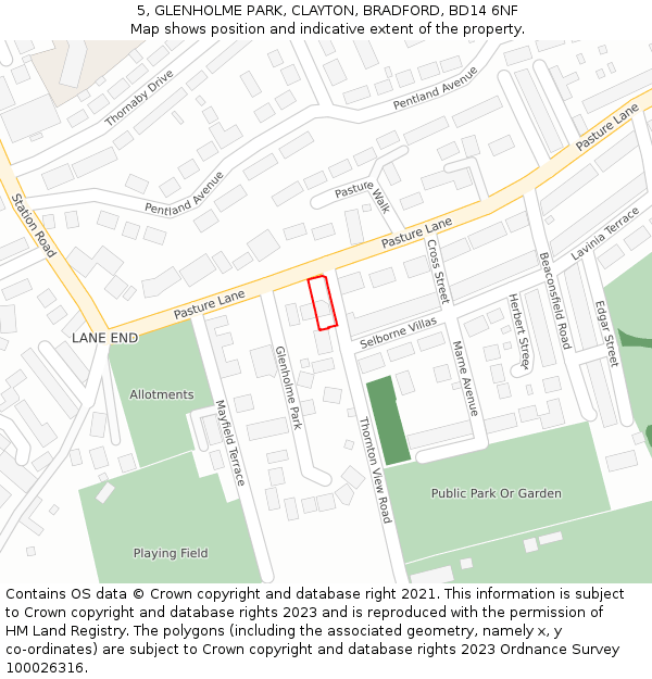 5, GLENHOLME PARK, CLAYTON, BRADFORD, BD14 6NF: Location map and indicative extent of plot
