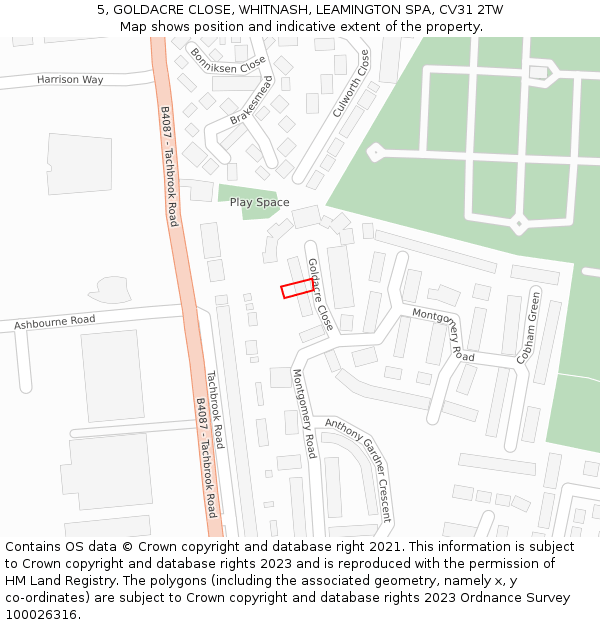 5, GOLDACRE CLOSE, WHITNASH, LEAMINGTON SPA, CV31 2TW: Location map and indicative extent of plot