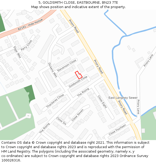 5, GOLDSMITH CLOSE, EASTBOURNE, BN23 7TE: Location map and indicative extent of plot