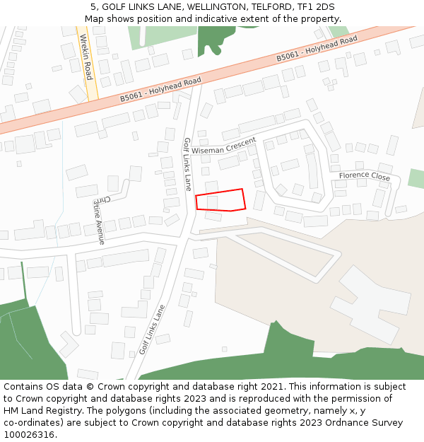 5, GOLF LINKS LANE, WELLINGTON, TELFORD, TF1 2DS: Location map and indicative extent of plot