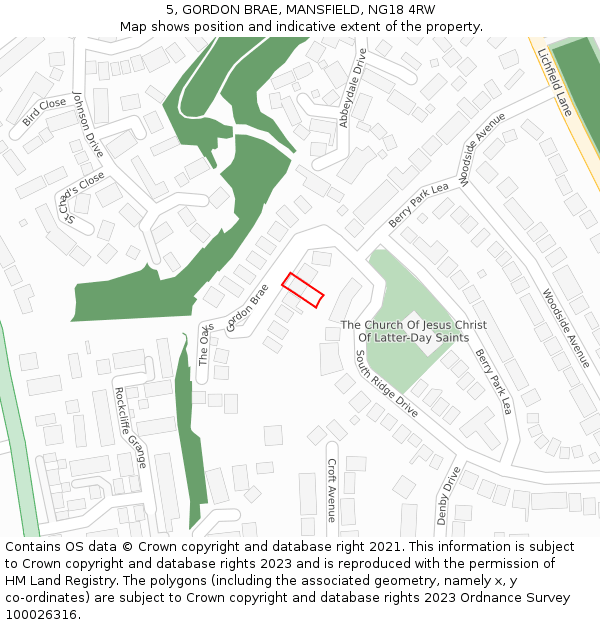 5, GORDON BRAE, MANSFIELD, NG18 4RW: Location map and indicative extent of plot