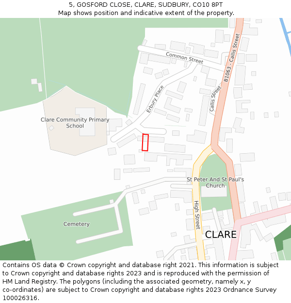 5, GOSFORD CLOSE, CLARE, SUDBURY, CO10 8PT: Location map and indicative extent of plot