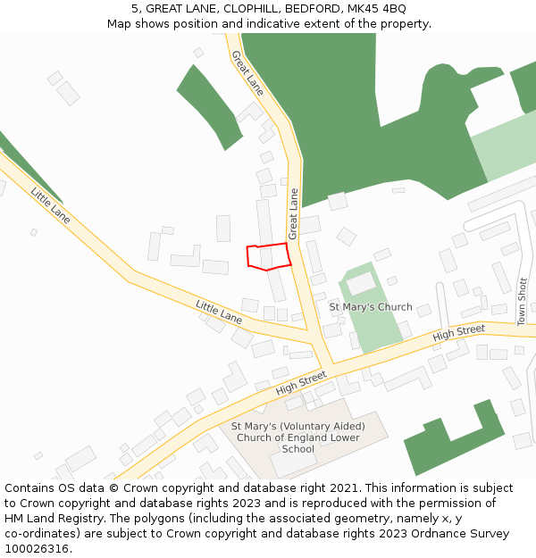 5, GREAT LANE, CLOPHILL, BEDFORD, MK45 4BQ: Location map and indicative extent of plot