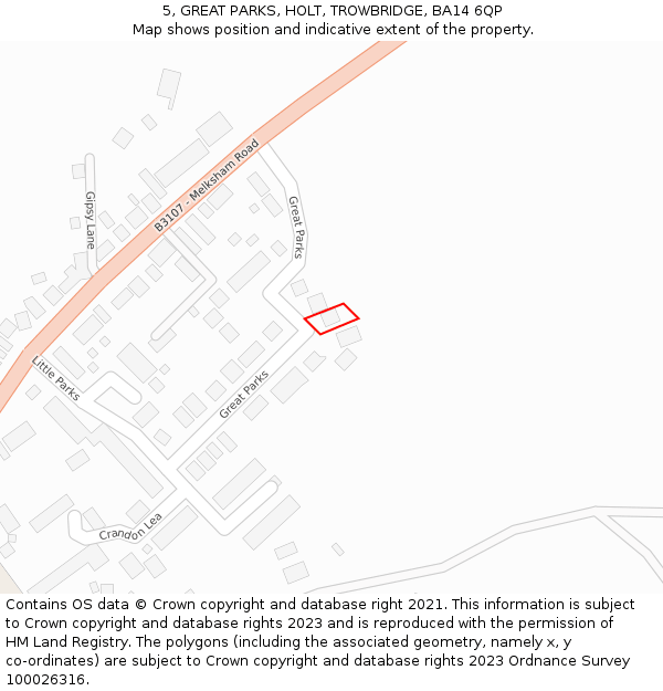 5, GREAT PARKS, HOLT, TROWBRIDGE, BA14 6QP: Location map and indicative extent of plot