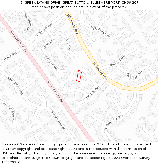 5, GREEN LAWNS DRIVE, GREAT SUTTON, ELLESMERE PORT, CH66 2GF: Location map and indicative extent of plot