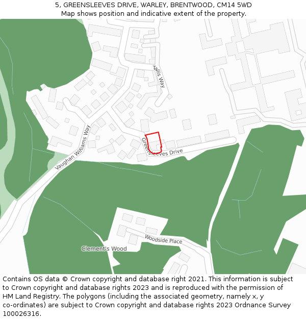 5, GREENSLEEVES DRIVE, WARLEY, BRENTWOOD, CM14 5WD: Location map and indicative extent of plot