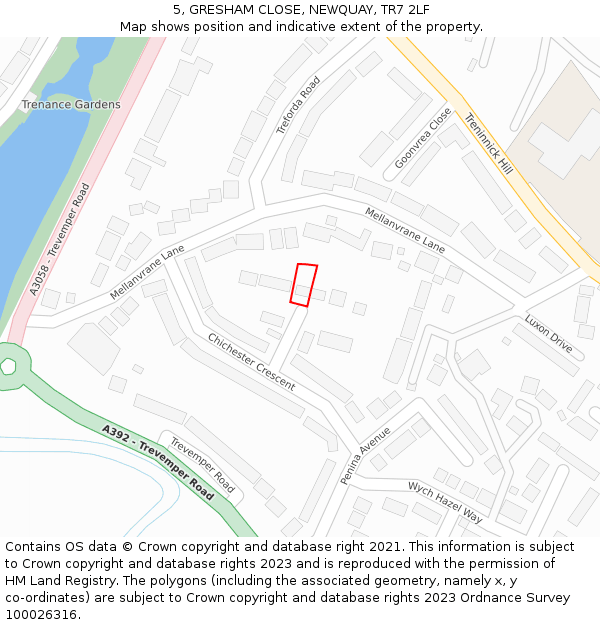 5, GRESHAM CLOSE, NEWQUAY, TR7 2LF: Location map and indicative extent of plot