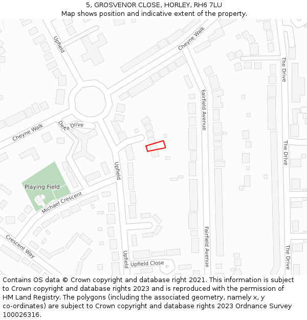 5, GROSVENOR CLOSE, HORLEY, RH6 7LU: Location map and indicative extent of plot
