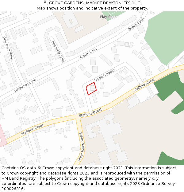 5, GROVE GARDENS, MARKET DRAYTON, TF9 1HG: Location map and indicative extent of plot