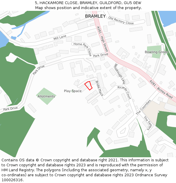 5, HACKAMORE CLOSE, BRAMLEY, GUILDFORD, GU5 0EW: Location map and indicative extent of plot