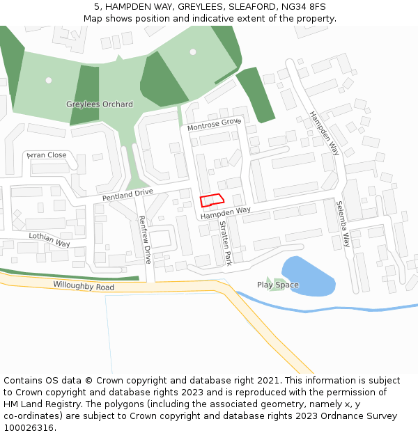 5, HAMPDEN WAY, GREYLEES, SLEAFORD, NG34 8FS: Location map and indicative extent of plot