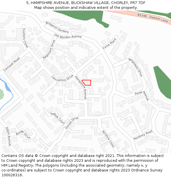5, HAMPSHIRE AVENUE, BUCKSHAW VILLAGE, CHORLEY, PR7 7DF: Location map and indicative extent of plot