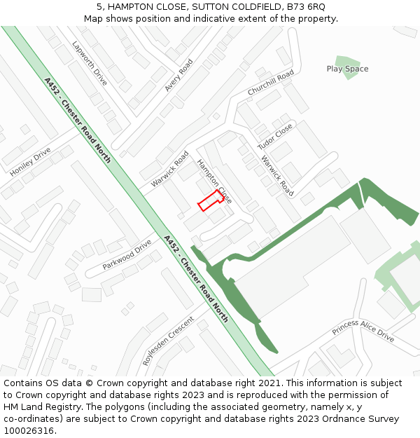 5, HAMPTON CLOSE, SUTTON COLDFIELD, B73 6RQ: Location map and indicative extent of plot