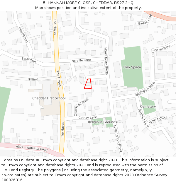 5, HANNAH MORE CLOSE, CHEDDAR, BS27 3HQ: Location map and indicative extent of plot