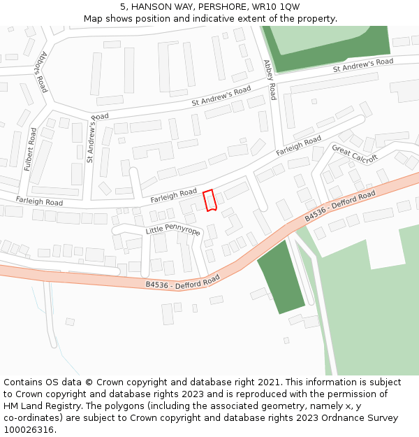 5, HANSON WAY, PERSHORE, WR10 1QW: Location map and indicative extent of plot
