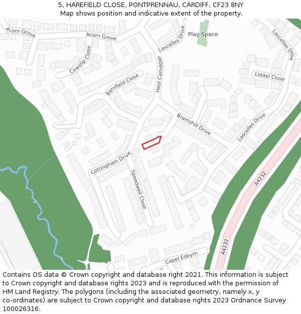5, HAREFIELD CLOSE, PONTPRENNAU, CARDIFF, CF23 8NY: Location map and indicative extent of plot
