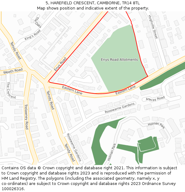 5, HAREFIELD CRESCENT, CAMBORNE, TR14 8TL: Location map and indicative extent of plot