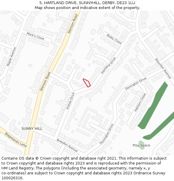 5, HARTLAND DRIVE, SUNNYHILL, DERBY, DE23 1LU: Location map and indicative extent of plot