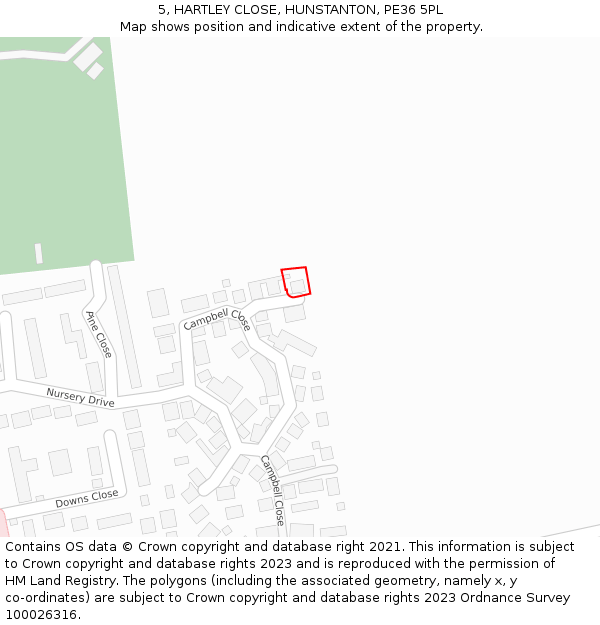 5, HARTLEY CLOSE, HUNSTANTON, PE36 5PL: Location map and indicative extent of plot