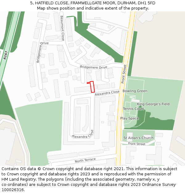 5, HATFIELD CLOSE, FRAMWELLGATE MOOR, DURHAM, DH1 5FD: Location map and indicative extent of plot