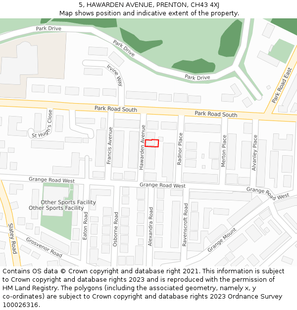 5, HAWARDEN AVENUE, PRENTON, CH43 4XJ: Location map and indicative extent of plot