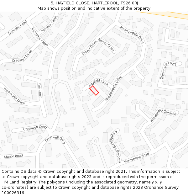 5, HAYFIELD CLOSE, HARTLEPOOL, TS26 0RJ: Location map and indicative extent of plot