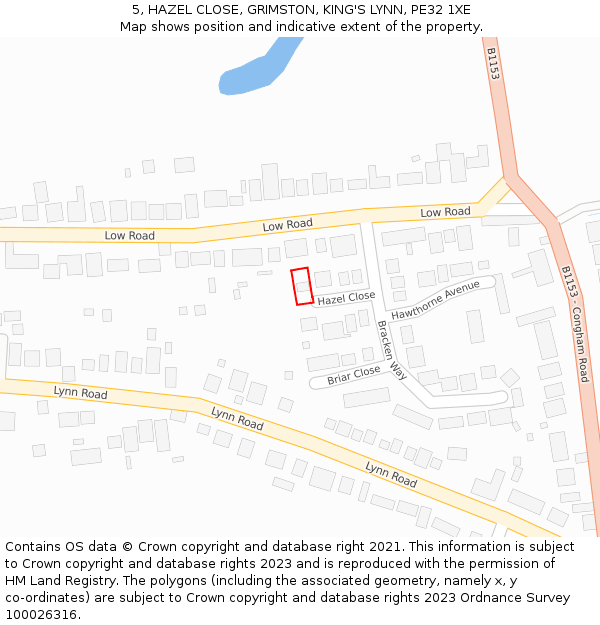5, HAZEL CLOSE, GRIMSTON, KING'S LYNN, PE32 1XE: Location map and indicative extent of plot