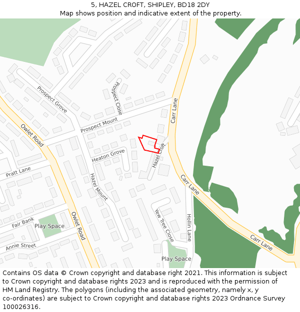 5, HAZEL CROFT, SHIPLEY, BD18 2DY: Location map and indicative extent of plot