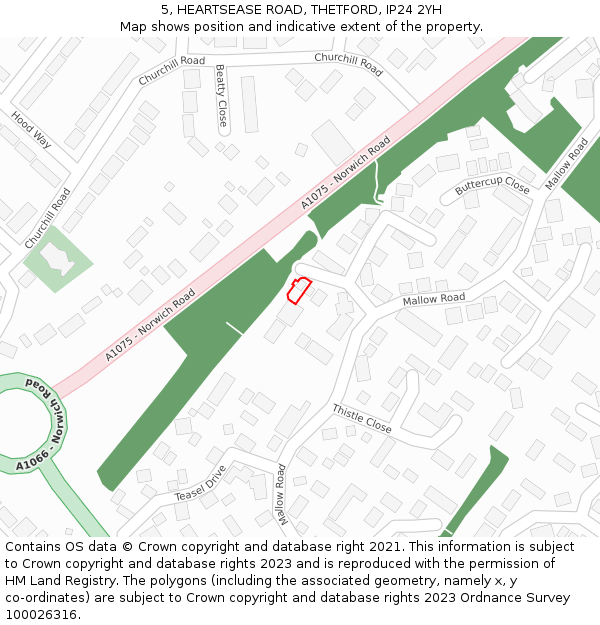 5, HEARTSEASE ROAD, THETFORD, IP24 2YH: Location map and indicative extent of plot