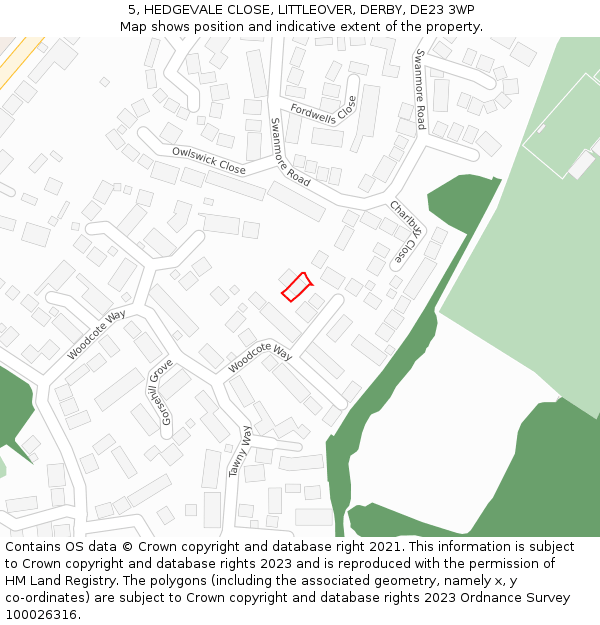 5, HEDGEVALE CLOSE, LITTLEOVER, DERBY, DE23 3WP: Location map and indicative extent of plot