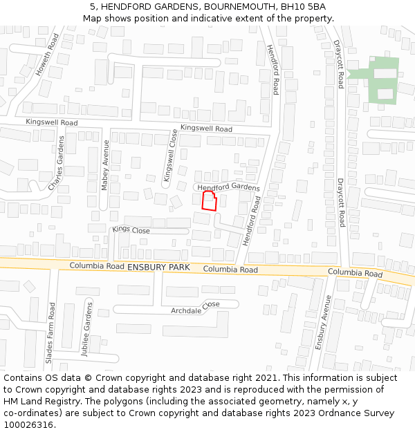 5, HENDFORD GARDENS, BOURNEMOUTH, BH10 5BA: Location map and indicative extent of plot