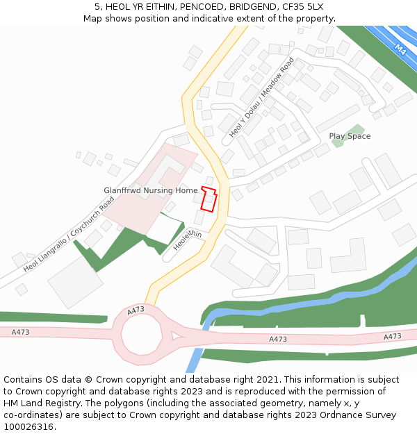 5, HEOL YR EITHIN, PENCOED, BRIDGEND, CF35 5LX: Location map and indicative extent of plot