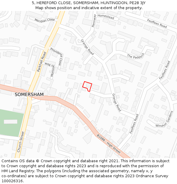 5, HEREFORD CLOSE, SOMERSHAM, HUNTINGDON, PE28 3JY: Location map and indicative extent of plot