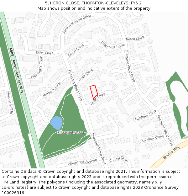 5, HERON CLOSE, THORNTON-CLEVELEYS, FY5 2JJ: Location map and indicative extent of plot