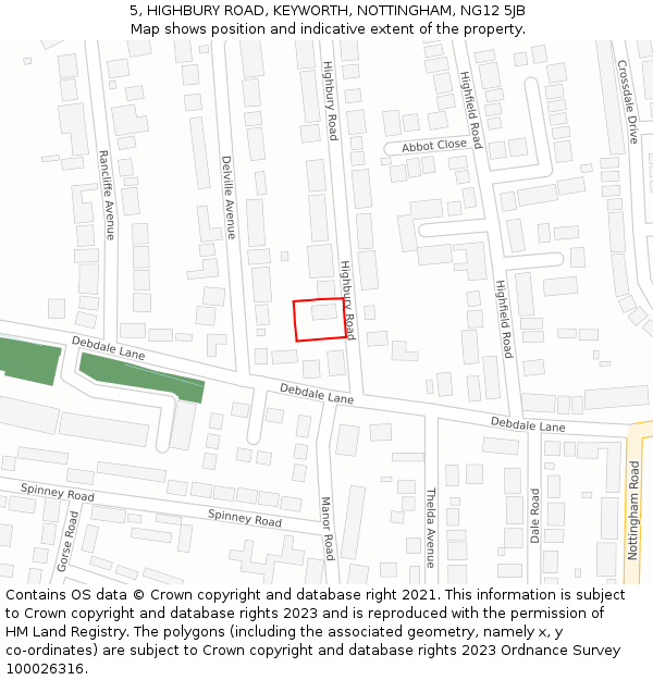 5, HIGHBURY ROAD, KEYWORTH, NOTTINGHAM, NG12 5JB: Location map and indicative extent of plot