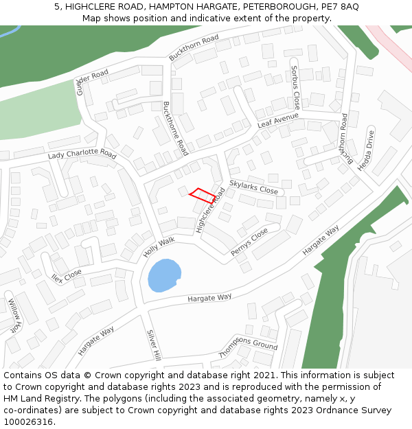 5, HIGHCLERE ROAD, HAMPTON HARGATE, PETERBOROUGH, PE7 8AQ: Location map and indicative extent of plot