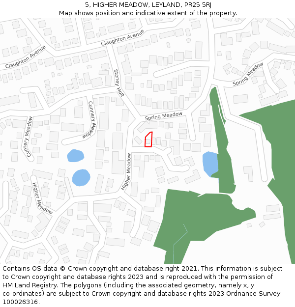 5, HIGHER MEADOW, LEYLAND, PR25 5RJ: Location map and indicative extent of plot