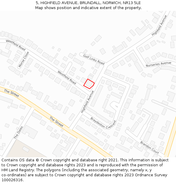 5, HIGHFIELD AVENUE, BRUNDALL, NORWICH, NR13 5LE: Location map and indicative extent of plot