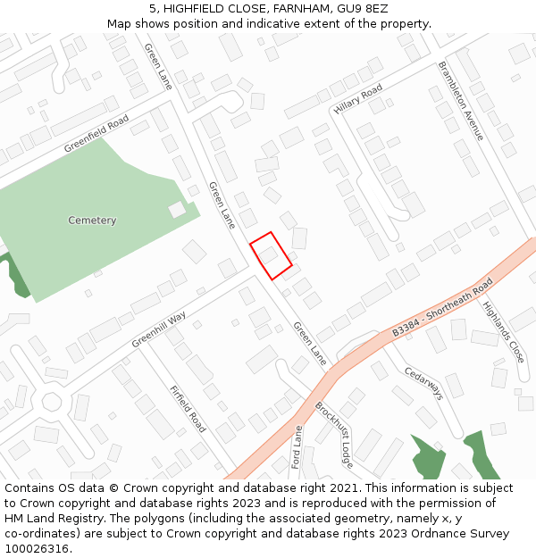 5, HIGHFIELD CLOSE, FARNHAM, GU9 8EZ: Location map and indicative extent of plot