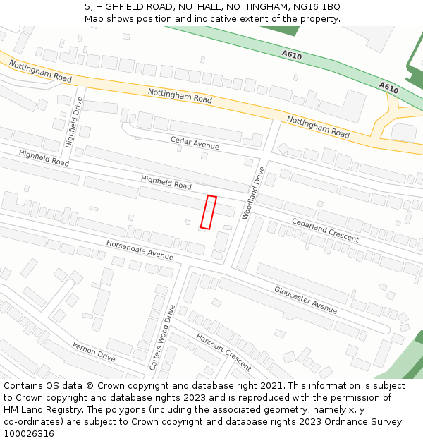5, HIGHFIELD ROAD, NUTHALL, NOTTINGHAM, NG16 1BQ: Location map and indicative extent of plot