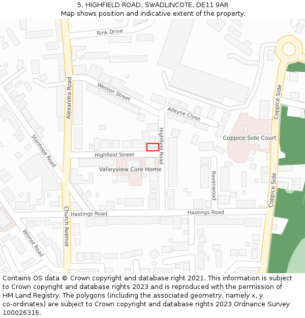 5, HIGHFIELD ROAD, SWADLINCOTE, DE11 9AR: Location map and indicative extent of plot